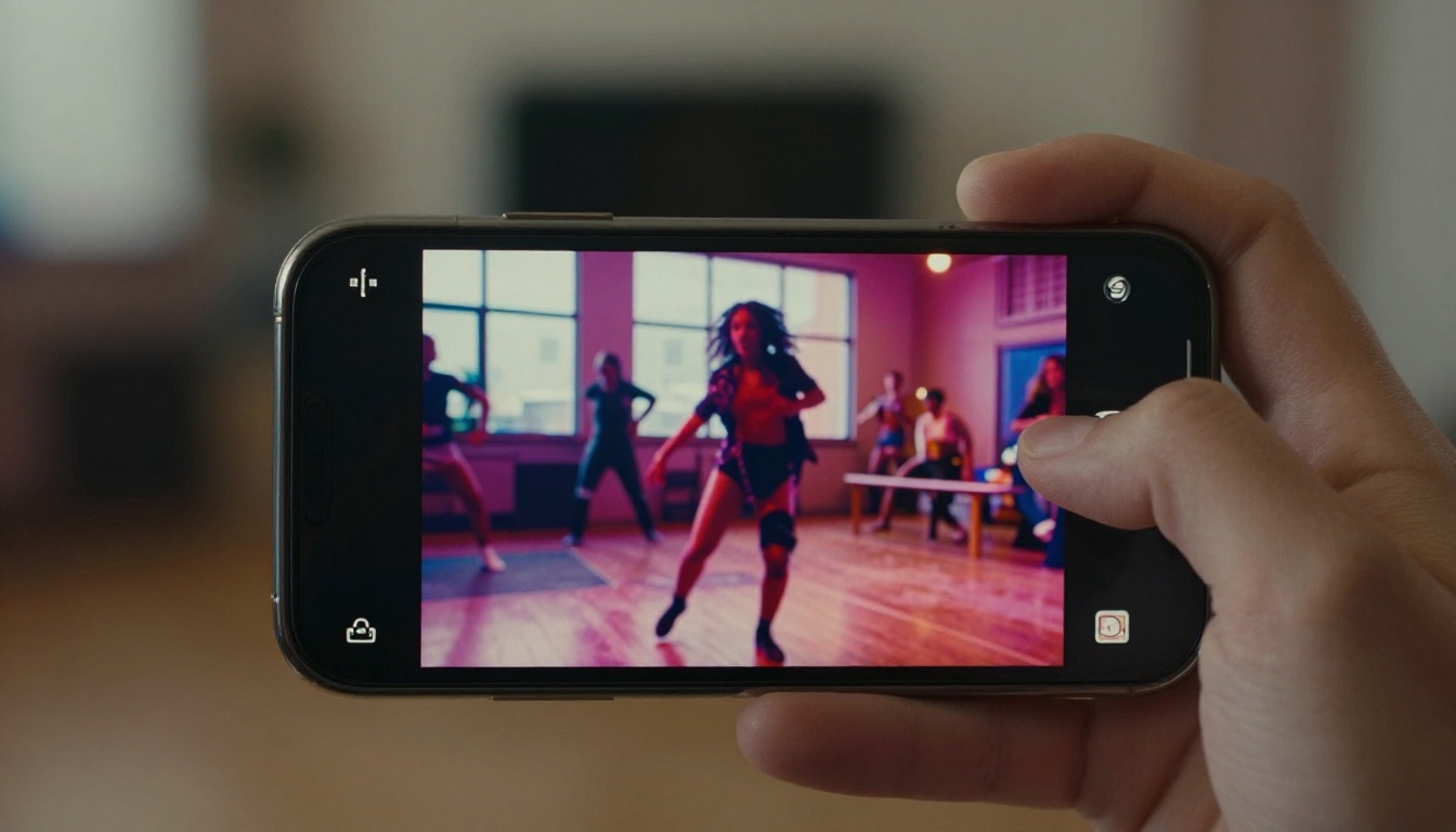 Smartphone screen showing vertical social media video held in hand