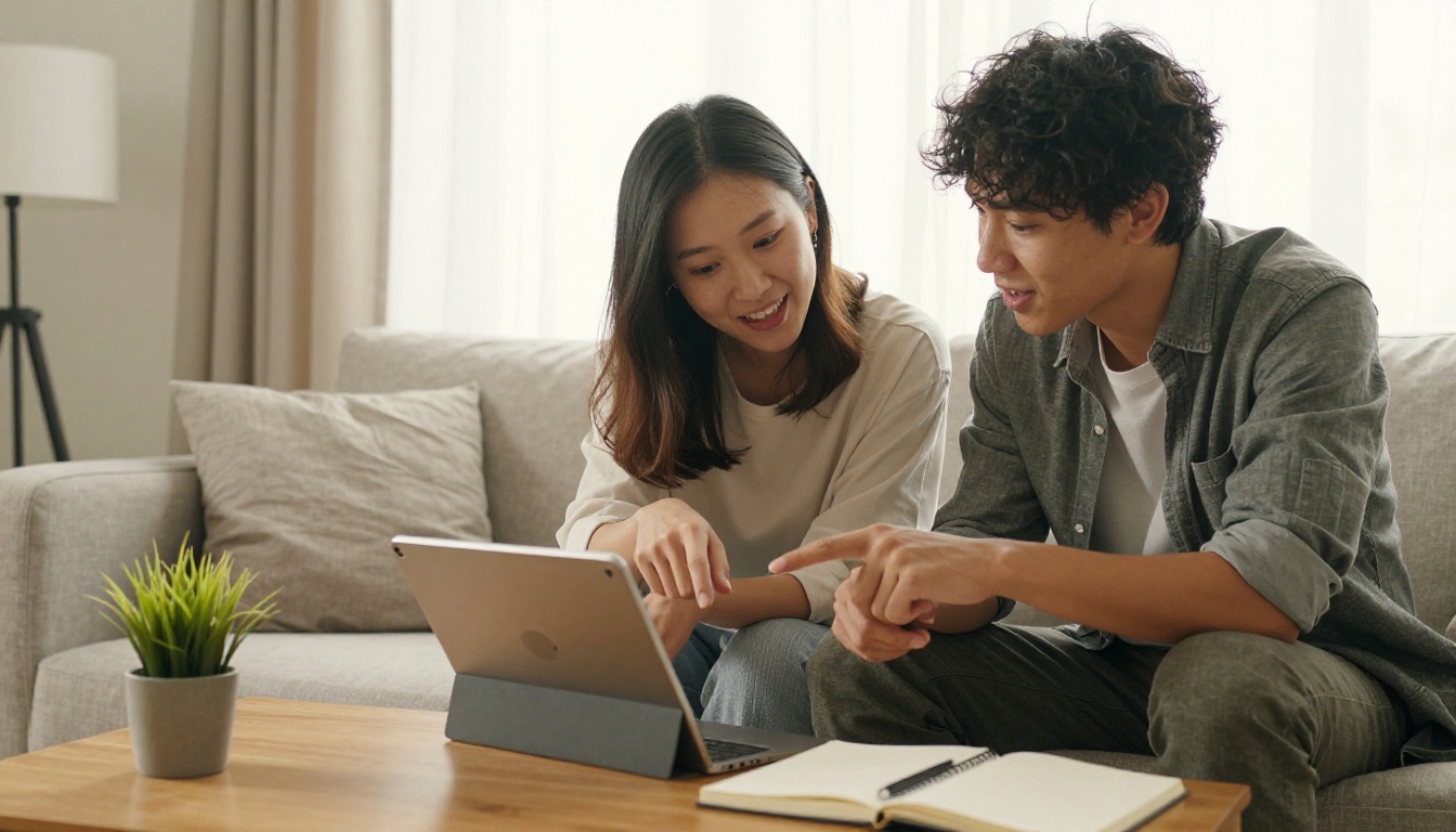Two people reviewing short video content together on tablet