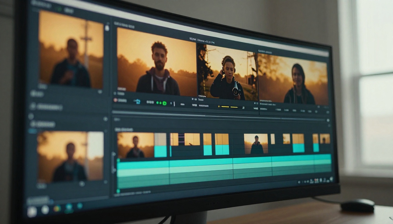 Close-up of a 4K video editing timeline on an ultra-wide monitor