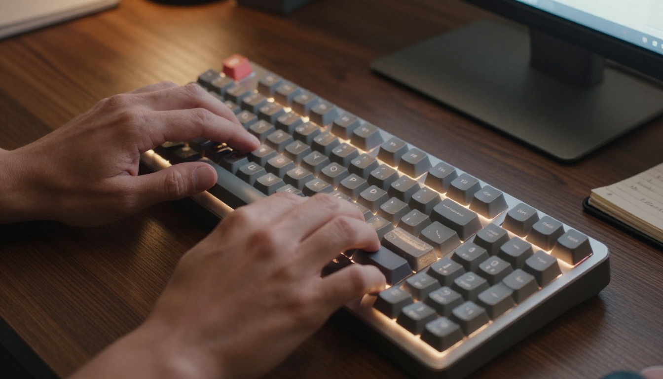 Creative professional typing a video prompt on a mechanical keyboard