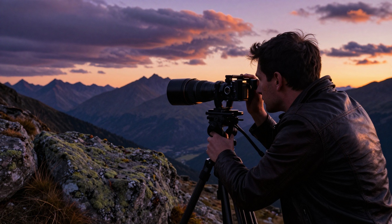 Cinematographer with viewfinder framing a mountain valley at dusk