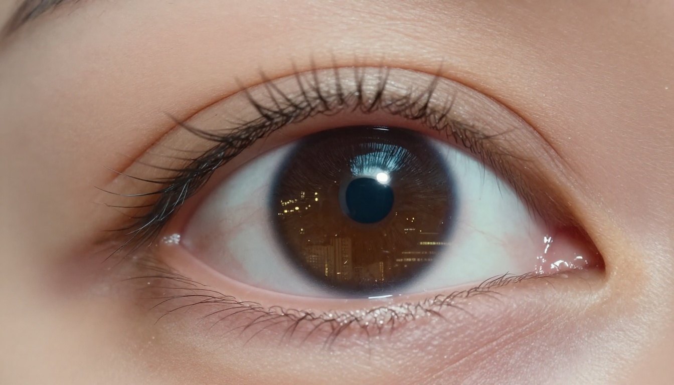 Ultra close-up of a woman's eye reflecting a miniature cityscape