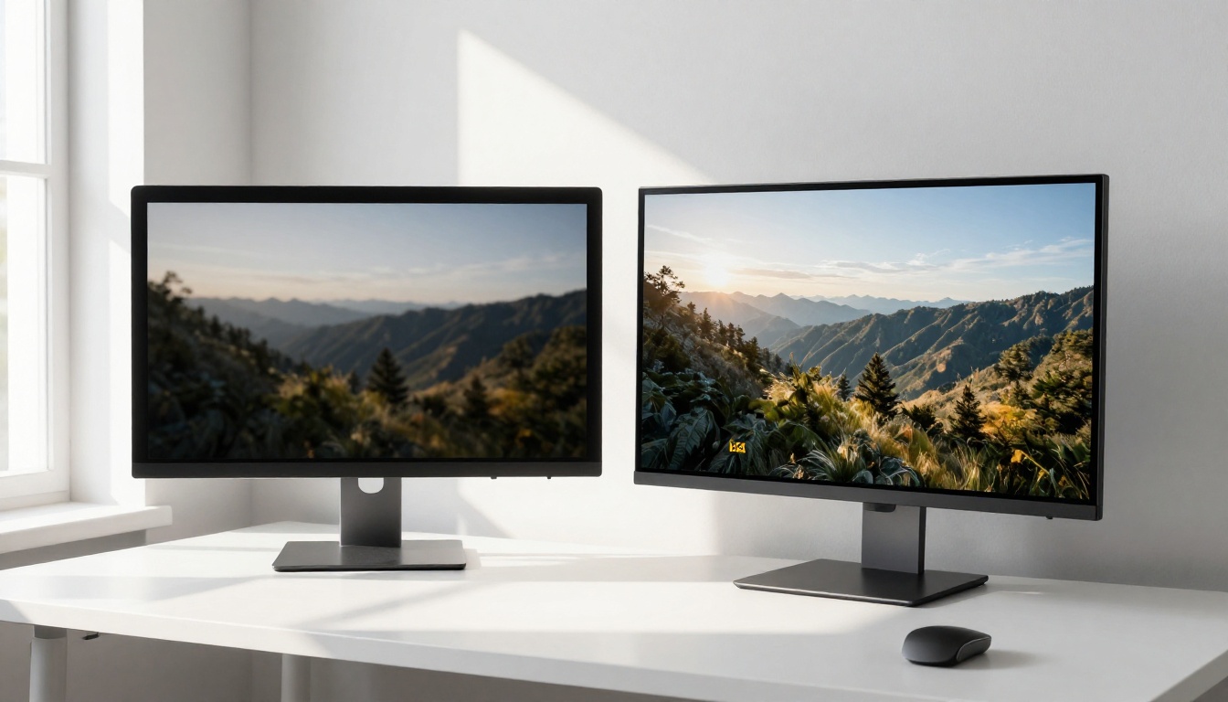 Two monitors side-by-side comparing AI video resolution quality