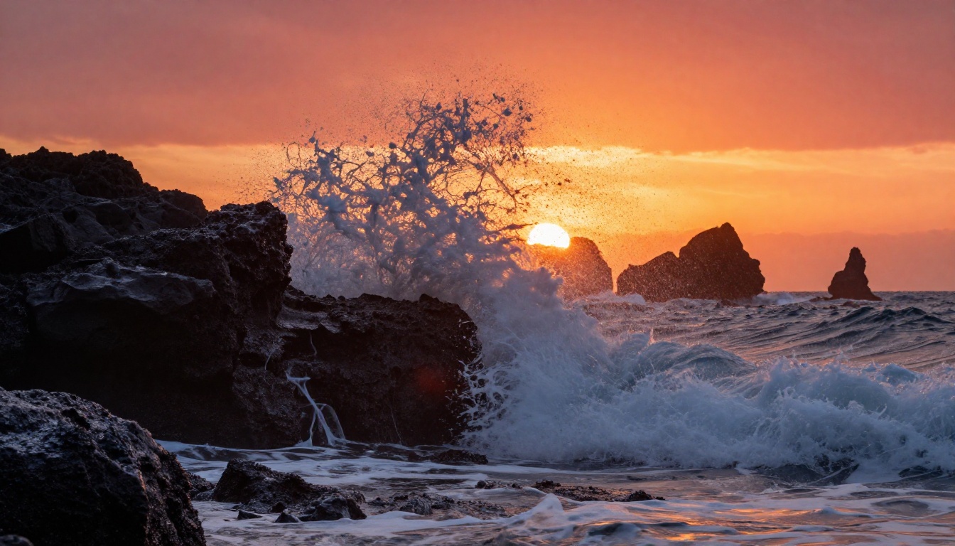 Ocean waves crashing against volcanic rocks at sunset