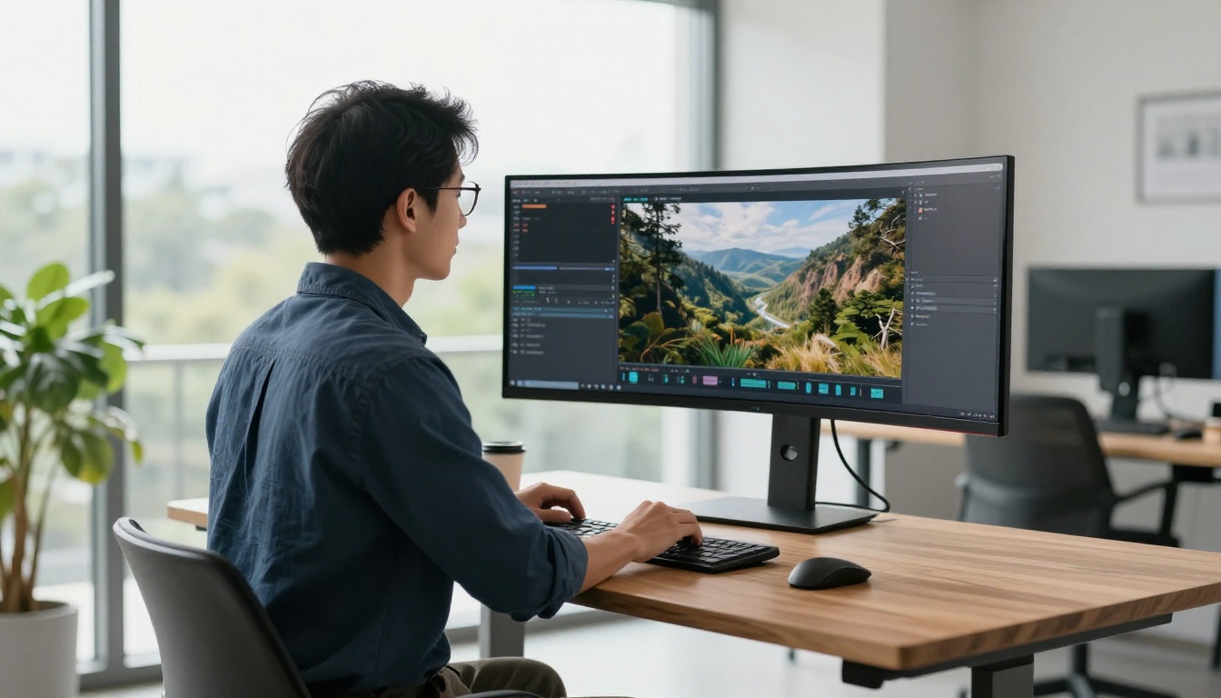 Young professional reviewing 4K footage on a large curved monitor