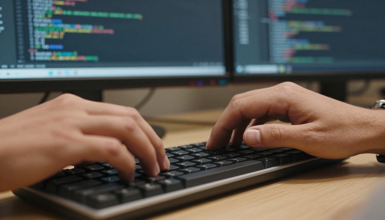 Developer hands mid-keystroke on a mechanical keyboard, code monitors blurred in background Developer hands mid-keystroke on a mechanical keyboard, code monitors blurred in background