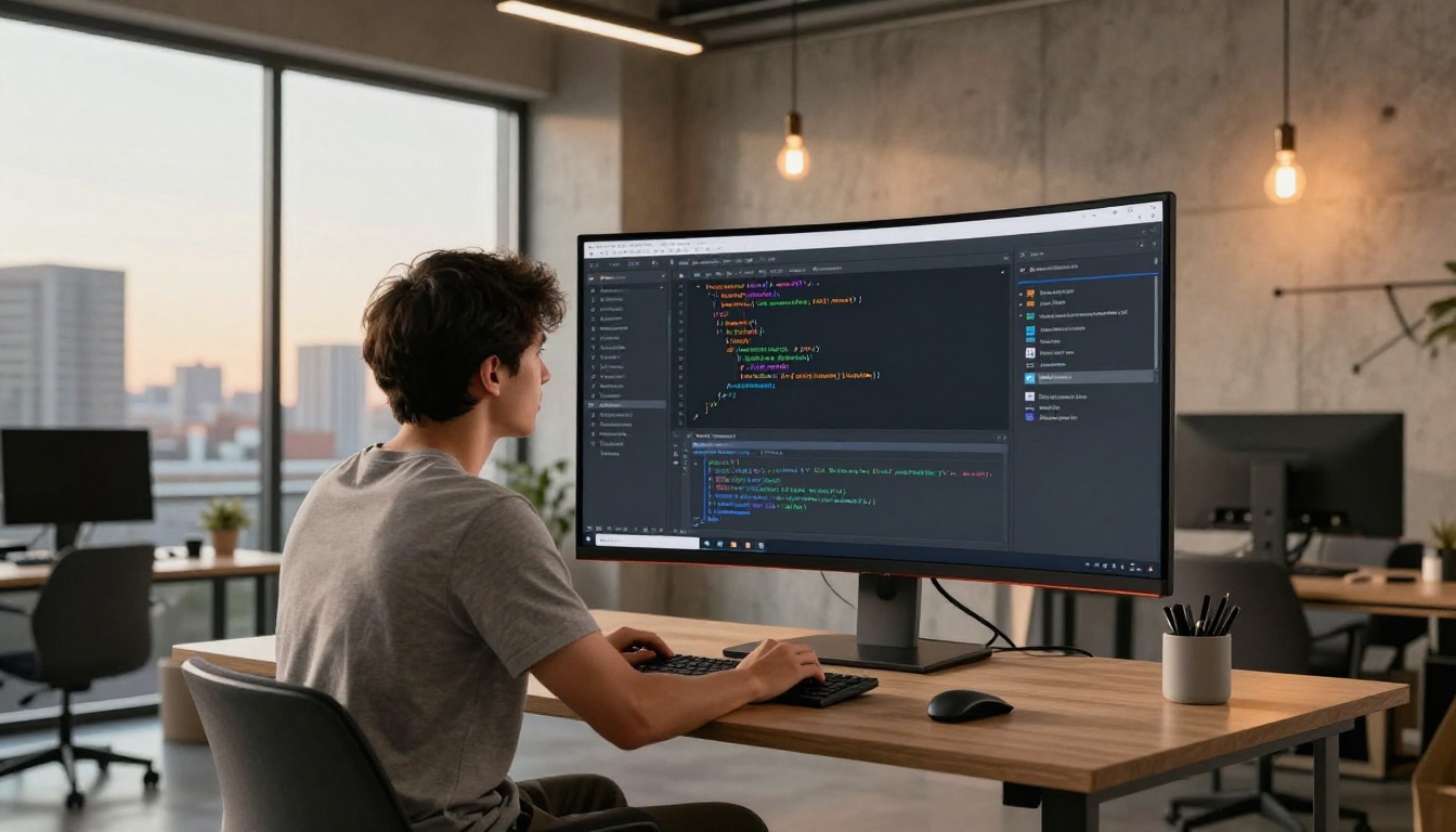 Developer in a modern coworking space at a sit-stand desk studying a curved ultrawide monitor Developer in a modern coworking space at a sit-stand desk studying a curved ultrawide monitor