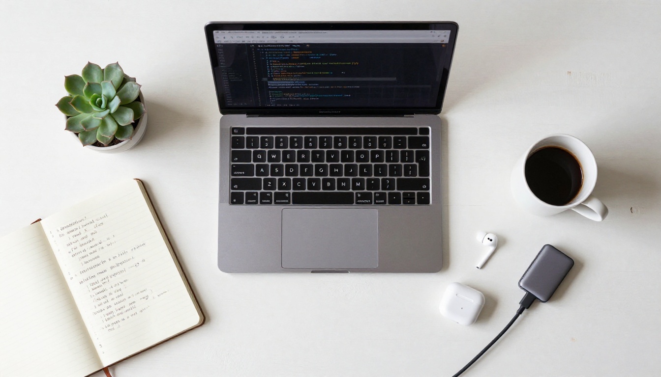 Aerial top-down flat-lay of a minimalist developer workstation with open laptop and coffee cup Aerial top-down flat-lay of a minimalist developer workstation with open laptop and coffee cup