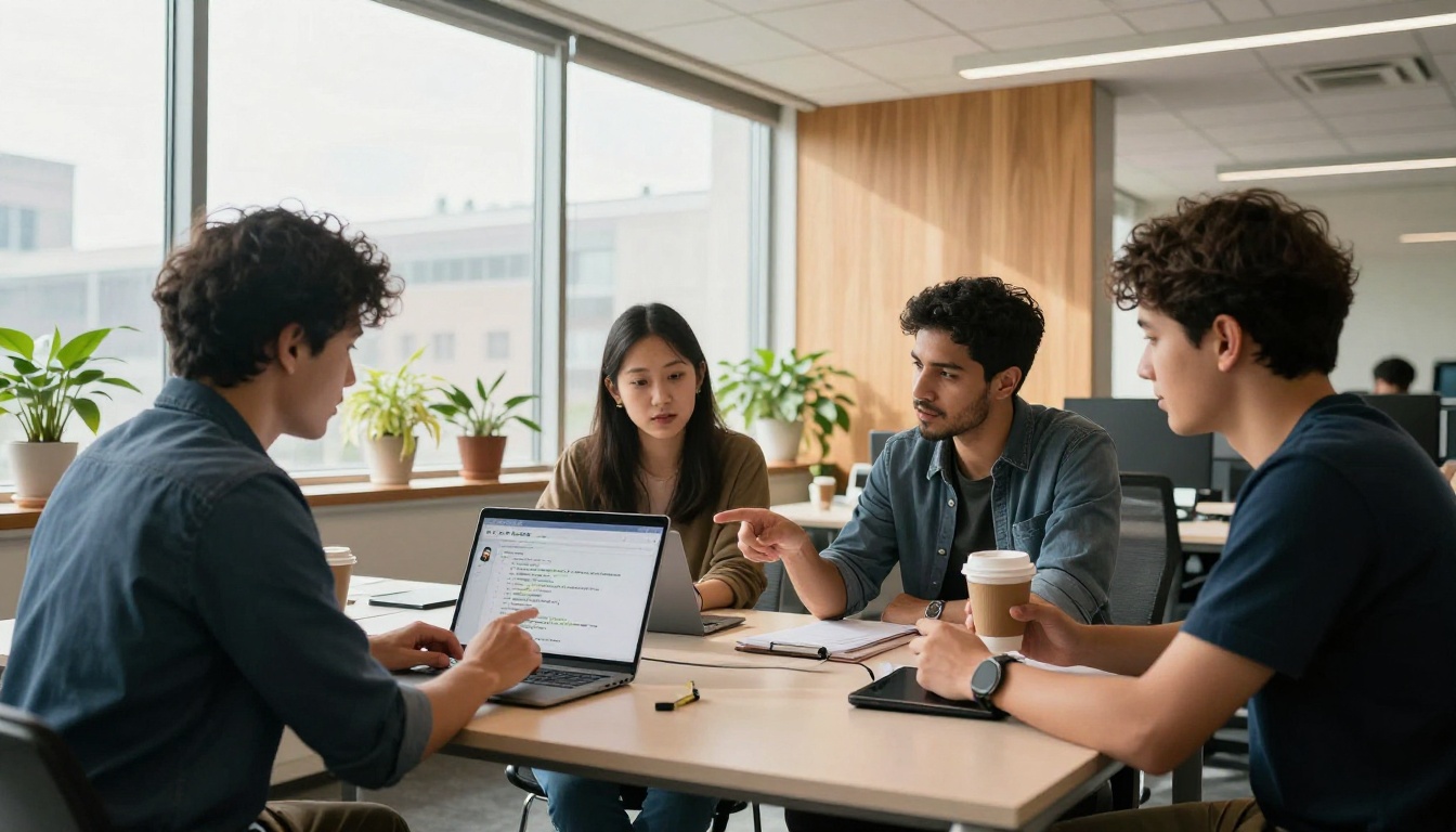 Diverse team of three developers gathered around a shared monitor in a bright open-plan tech office Diverse team of three developers gathered around a shared monitor in a bright open-plan tech office