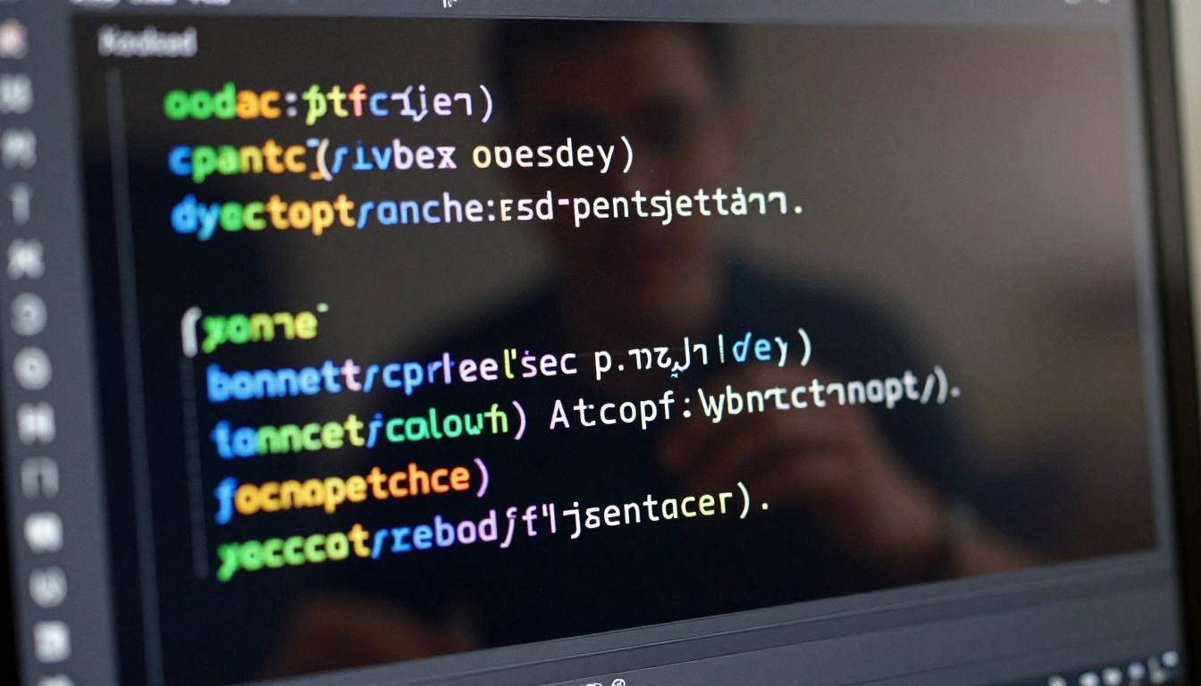 Extreme close-up macro shot of IDE screen showing AI autocomplete inline suggestion in TypeScript Extreme close-up macro shot of IDE screen showing AI autocomplete inline suggestion in TypeScript