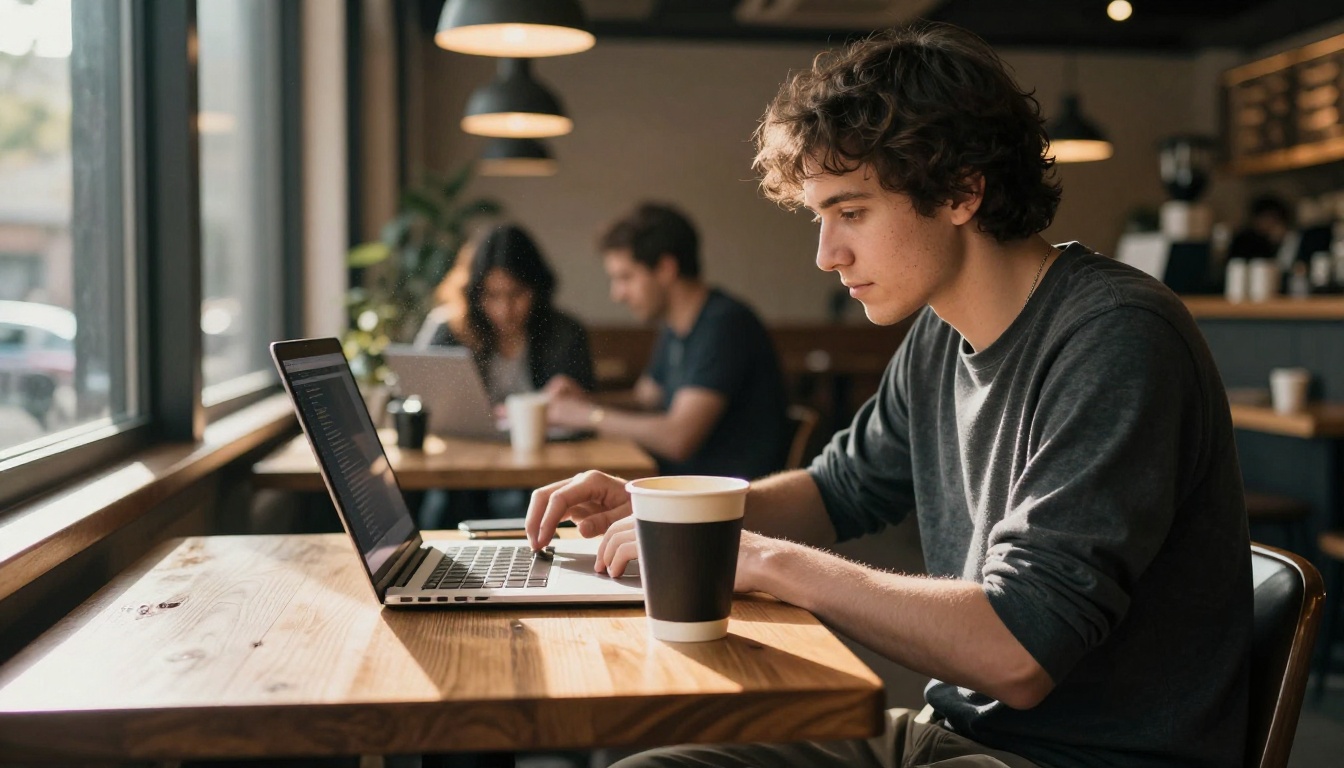 Developer working alone at a wooden cafe table with a MacBook open and paper coffee cup beside it