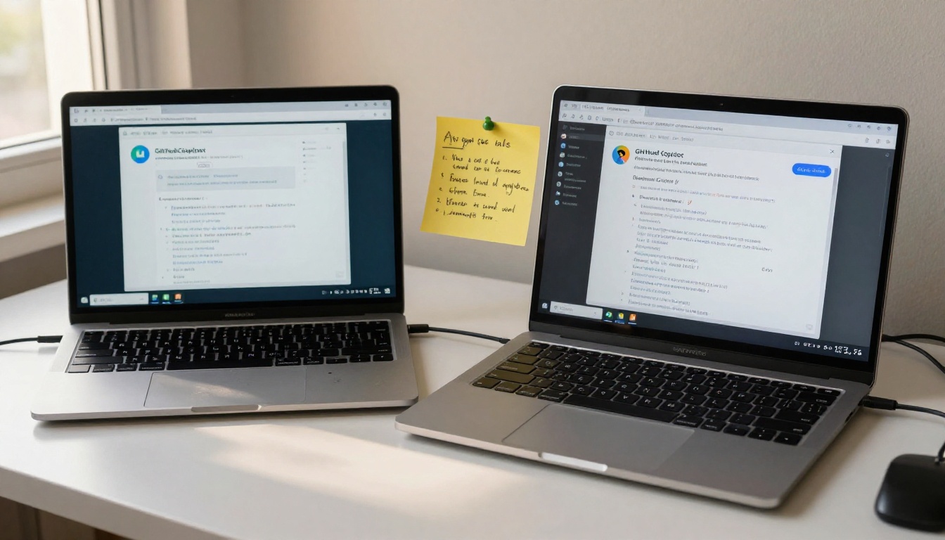 Two laptops side-by-side on a clean white desk each showing a different AI coding assistant interface