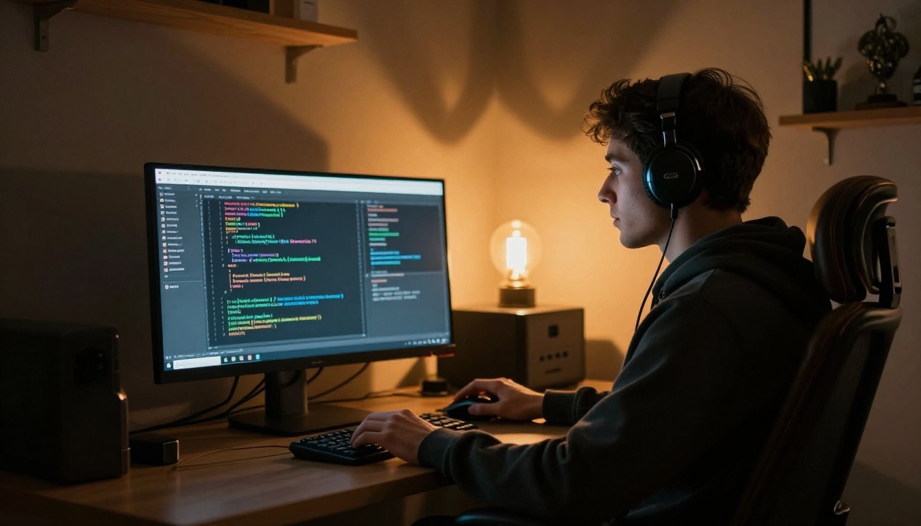 Focused developer in a dimly lit evening home office, face partially lit by warm monitor glow
