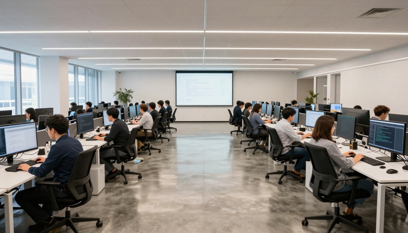 Long corridor view of a modern tech company open office with developer workstations on both sides