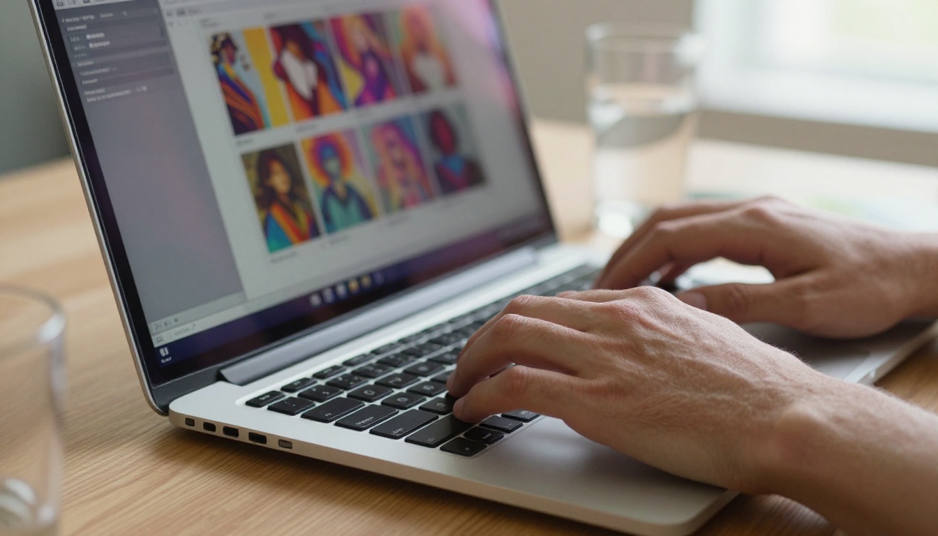 Person typing prompts into an AI art interface, hands visible on keyboard with soft window light