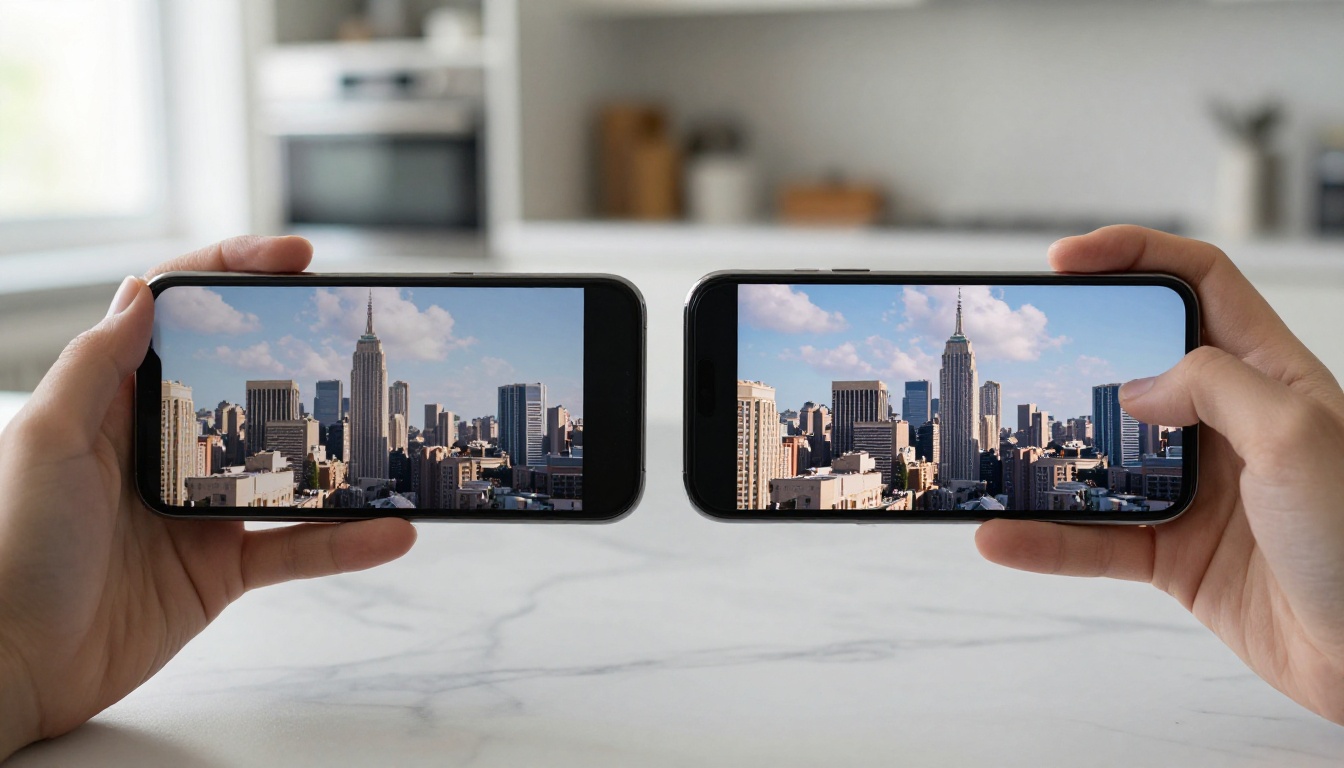 Two modern smartphones held side by side by a young woman's hands against a softly lit marble countertop, left phone showing softer compressed city skyline preview, right phone displaying pin-sharp 1080p detail with crisp building edges Two modern smartphones held side by side by a young woman's hands against a softly lit marble countertop, left phone showing softer compressed city skyline preview, right phone displaying pin-sharp 1080p detail with crisp building edges