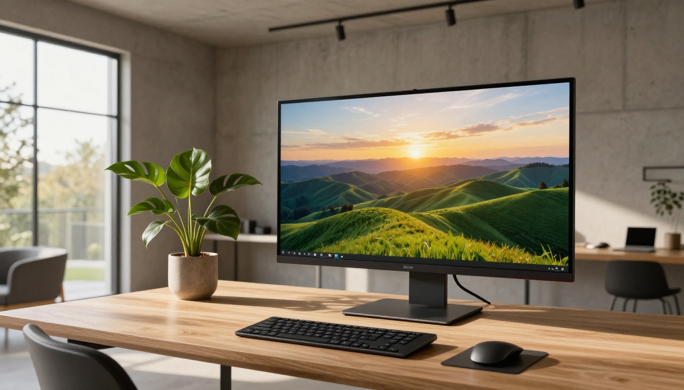 Wide modern workspace with large monitor displaying AI-generated landscape art