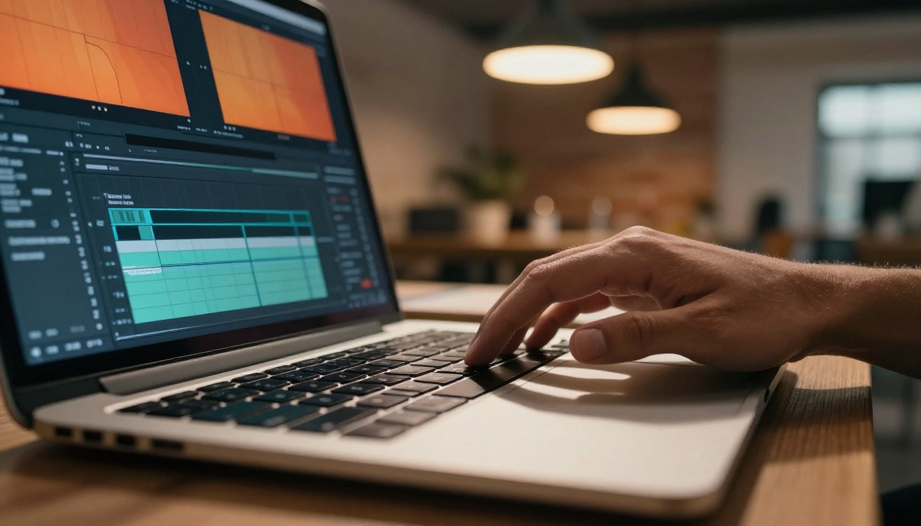 Close-up low-angle shot of a filmmaker's hands on a brushed aluminum laptop keyboard, fingers mid-motion above the keys, video editing timeline visible on screen showing multiple color-graded clips in warm orange and teal tones, afternoon side-light from right