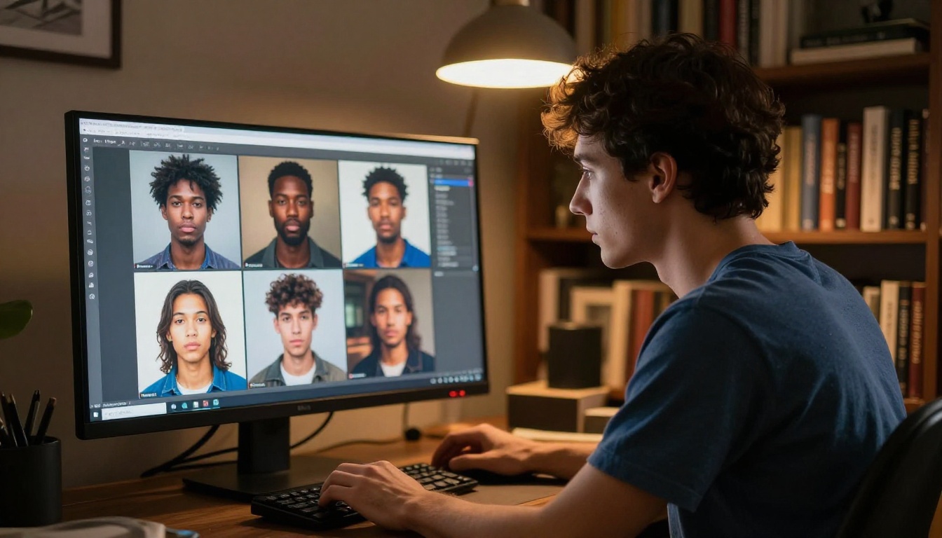 Over-the-shoulder shot of a person reviewing a grid of AI-generated portraits on a large monitor