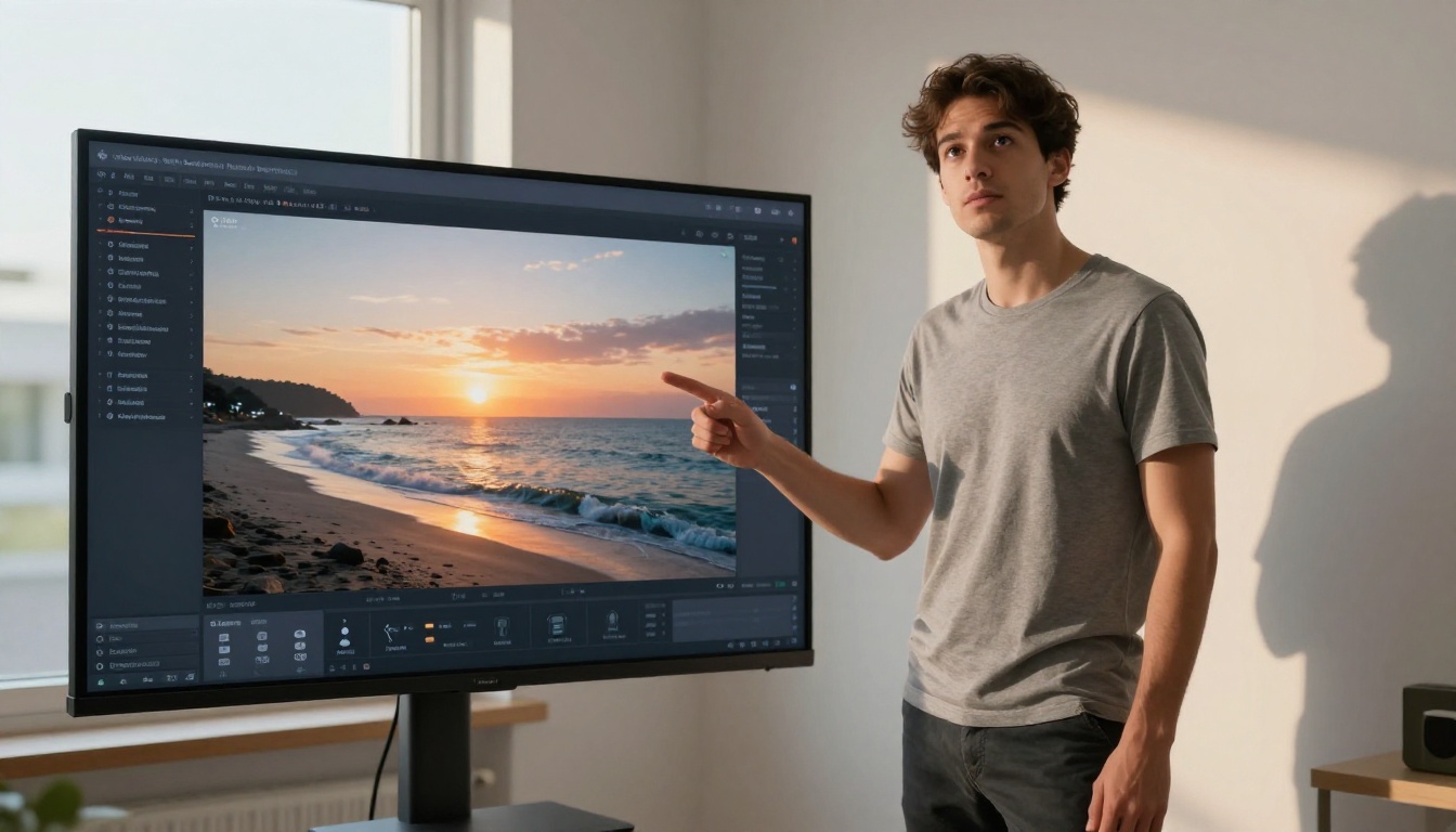 Low-angle upward shot of a focused young man standing in front of a floor-to-ceiling wall monitor displaying an AI video generation interface with text prompt fields and a coastal sunset scene preview, gesturing at the screen with extended index finger Low-angle upward shot of a focused young man standing in front of a floor-to-ceiling wall monitor displaying an AI video generation interface with text prompt fields and a coastal sunset scene preview, gesturing at the screen with extended index finger