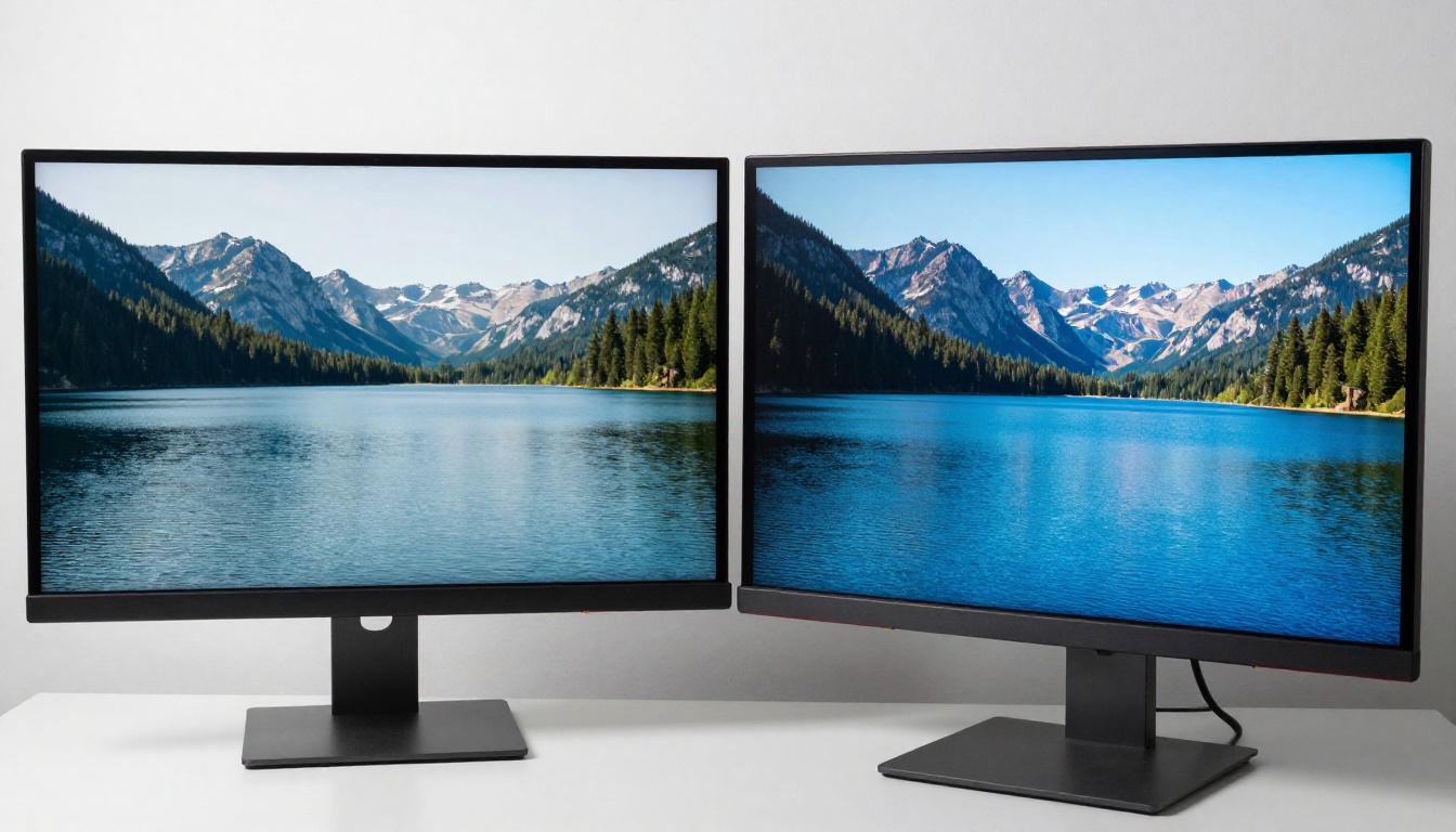 Close-up side-by-side monitor comparison showing the same mountain lake scene: left monitor displays softer pixelated edges and washed-out color, right monitor shows crisp 1080p detail with sharp pine tree silhouettes and vivid water reflection Close-up side-by-side monitor comparison showing the same mountain lake scene: left monitor displays softer pixelated edges and washed-out color, right monitor shows crisp 1080p detail with sharp pine tree silhouettes and vivid water reflection
