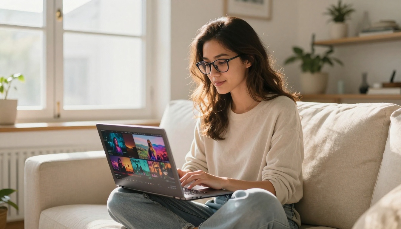 Professional woman content creator reviewing AI-generated video footage on a thin silver laptop, seated cross-legged on a cream linen sofa, warm morning sunlight backlit through large windows creating a soft halo around her hair, laptop screen reflecting in her glasses Professional woman content creator reviewing AI-generated video footage on a thin silver laptop, seated cross-legged on a cream linen sofa, warm morning sunlight backlit through large windows creating a soft halo around her hair, laptop screen reflecting in her glasses