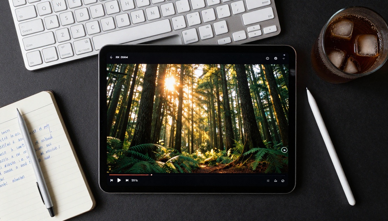 Overhead flat-lay of a black desk tablet showing a paused AI video frame of a cinematic forest scene with golden afternoon light filtering through tall trees, surrounded by a sleek wireless keyboard, a notebook with handwritten text prompts in blue ink, a stylus pen, and an iced coffee glass with condensation