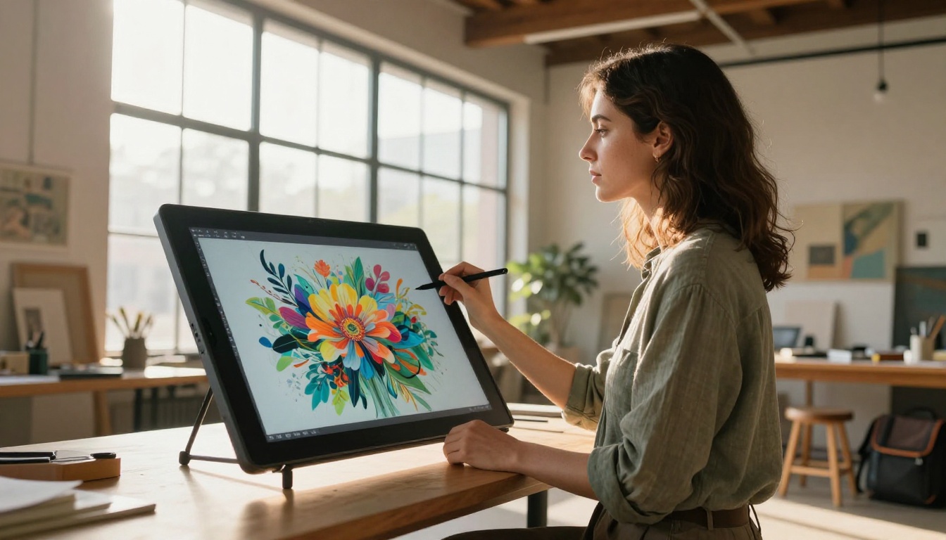 Creative woman at a drafting table examining a vibrant AI-generated floral composition on a large screen