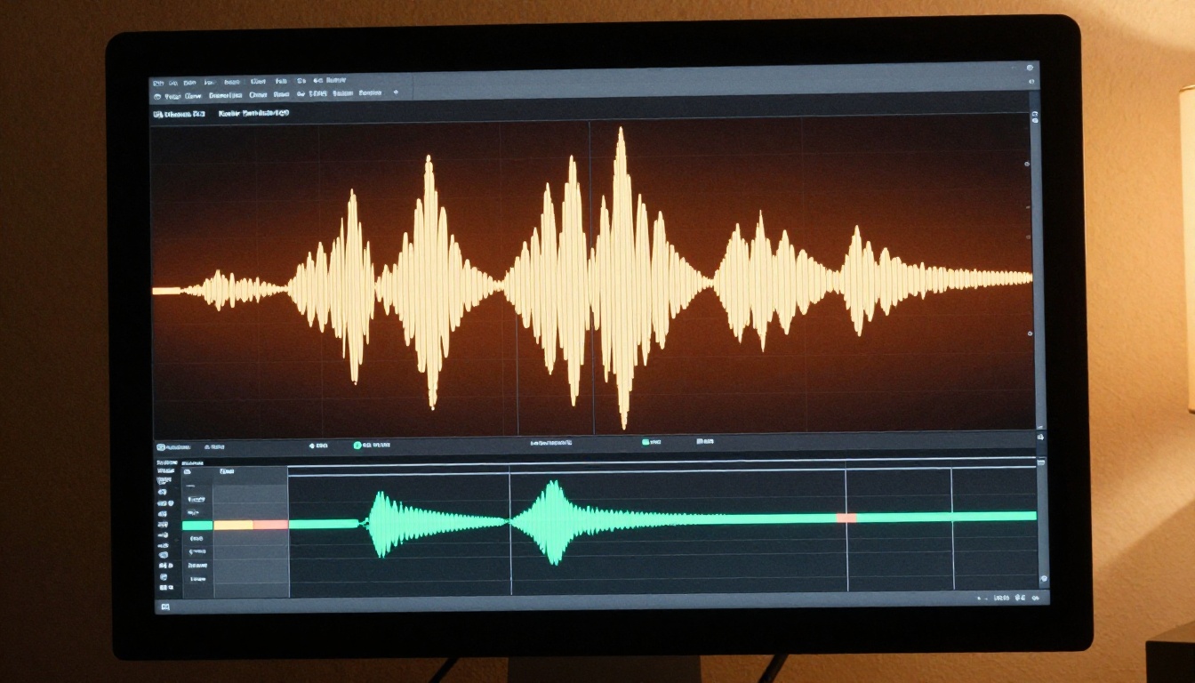 Close-up of a large desktop monitor screen showing an audio waveform visualization in warm amber and cream tones overlaid on a color-coded video timeline with multiple tracks, slim matte black monitor bezel slightly angled, warm desk lamp light from the right illuminating the screen at a low angle