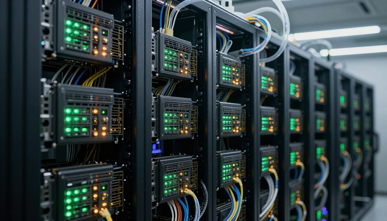 Modern GPU server rack in professional data center with fiber optic cables and hardware Modern GPU server rack in professional data center with fiber optic cables and hardware