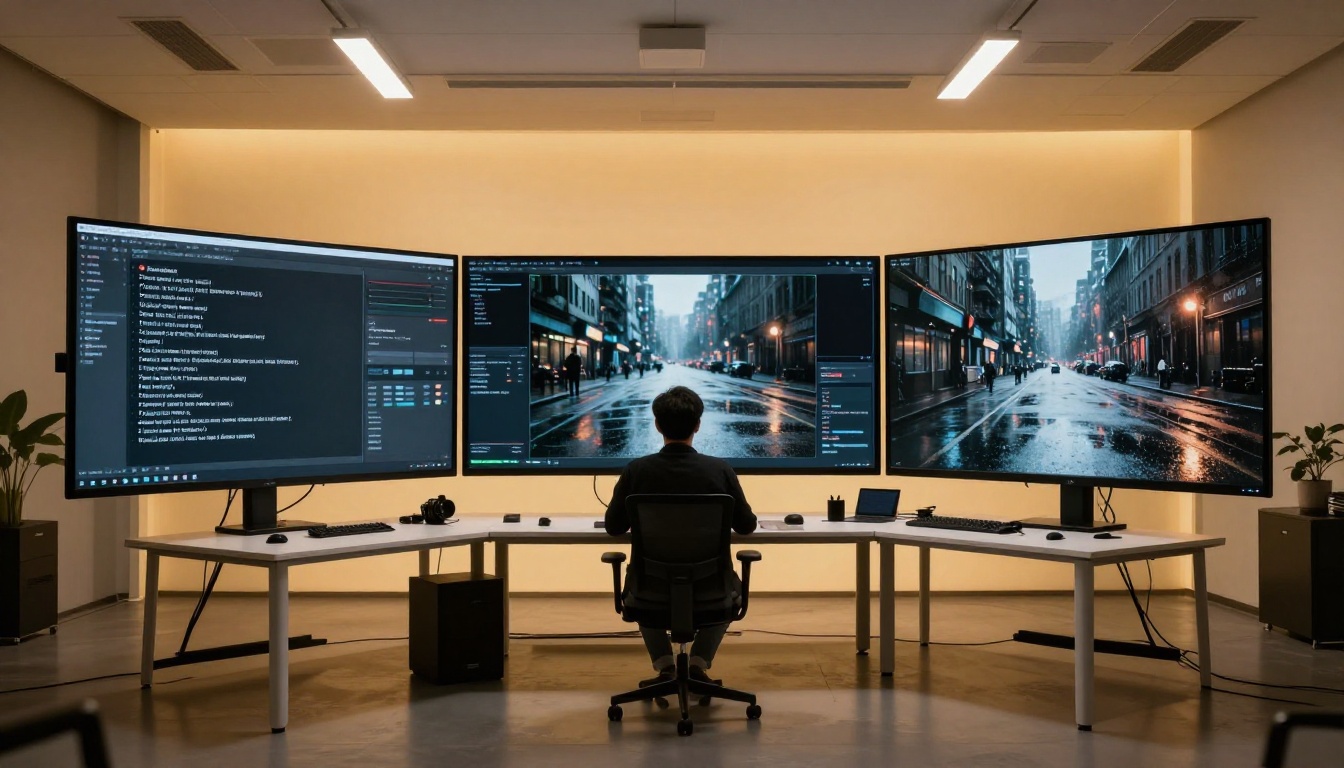 Wide shot of a modern media production studio with three large curved monitors arranged in a semicircle on a long white desk, each showing a different stage of an AI video generation workflow, male creator seated at center examining completed cinematic output of a rain-soaked city street with puddle reflections