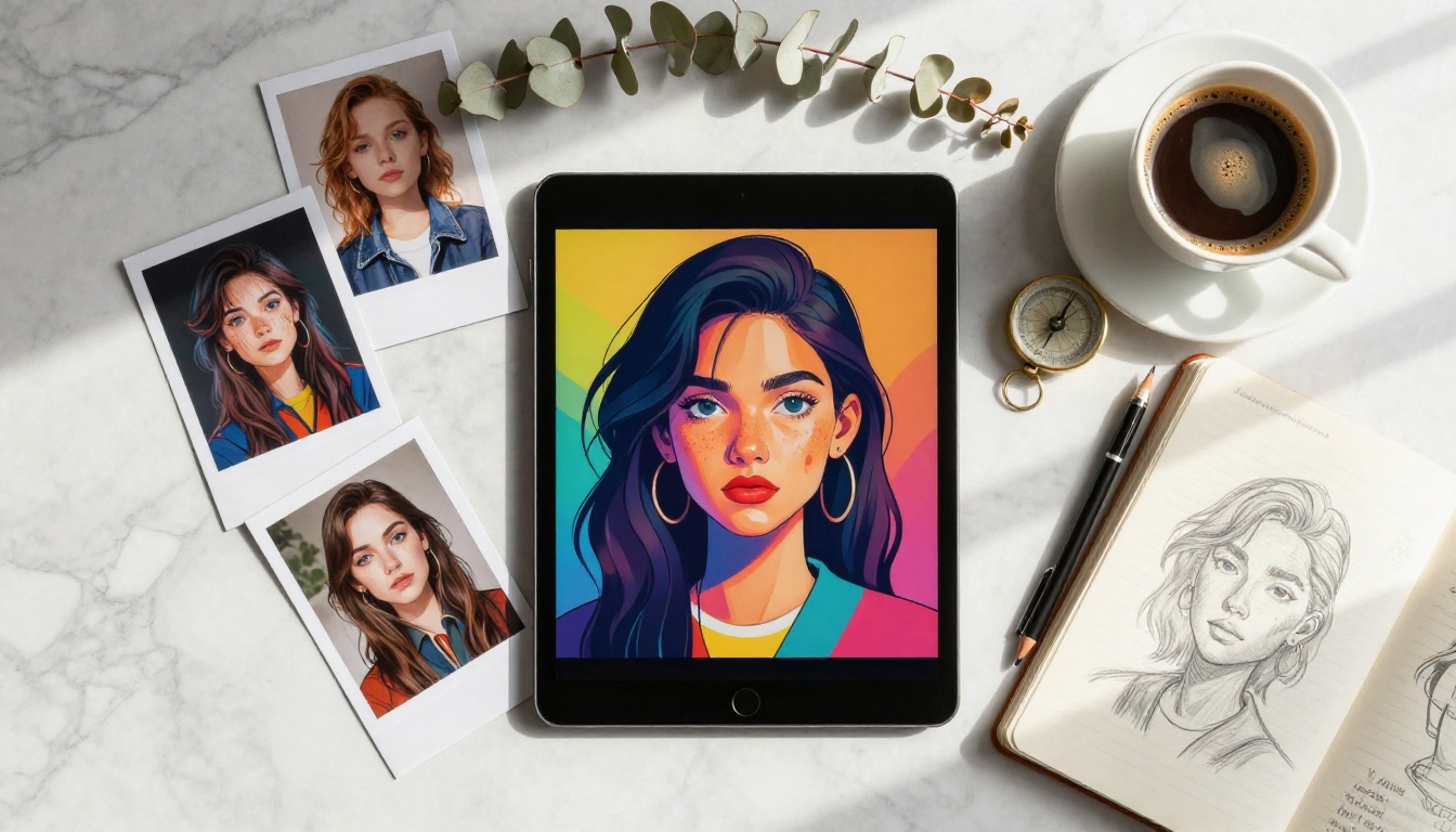 Aerial flat lay of a creative workspace with tablet showing a colorful AI-generated portrait