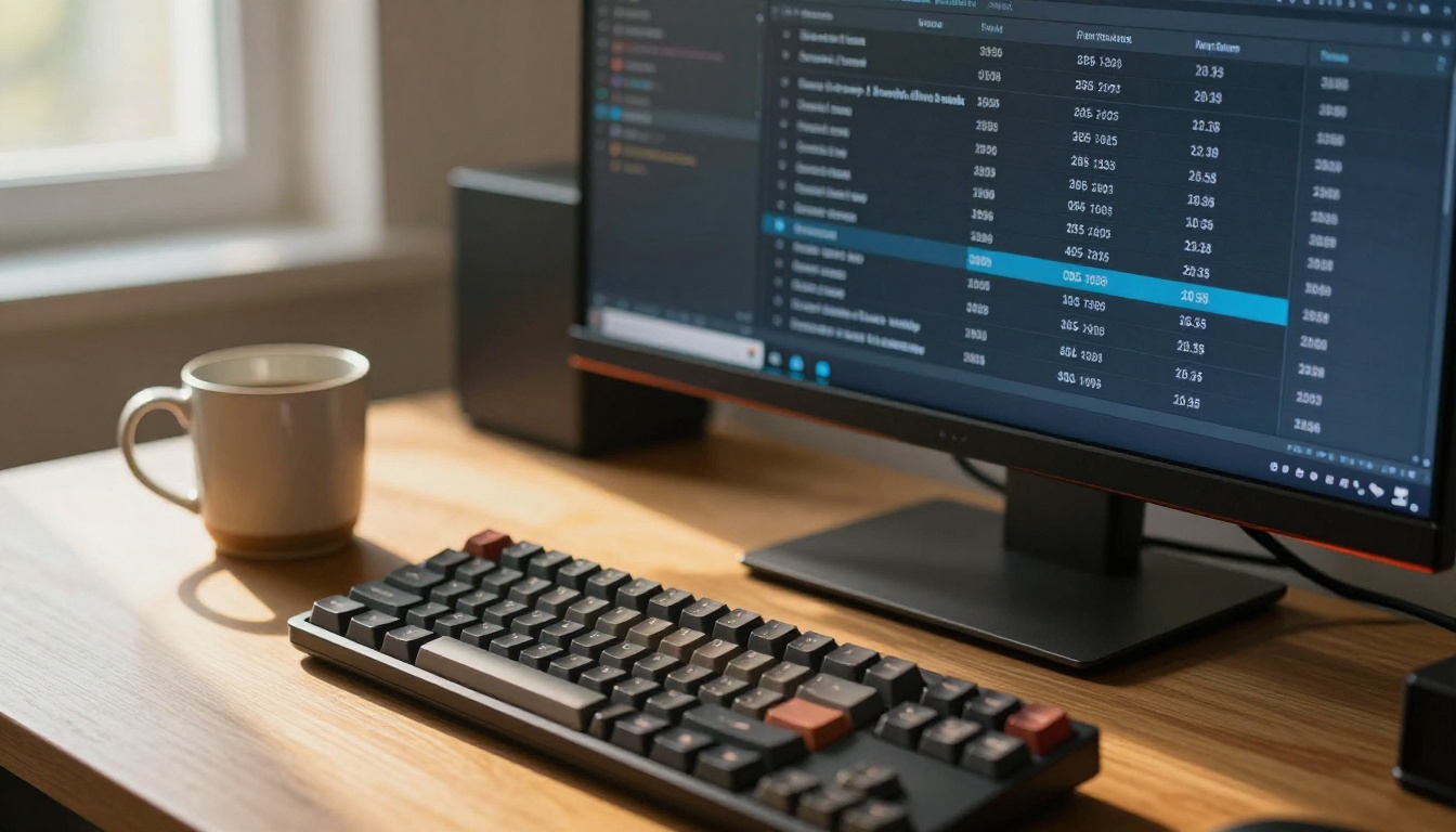 Developer desk with monitor showing pricing comparison data and mechanical keyboard Developer desk with monitor showing pricing comparison data and mechanical keyboard