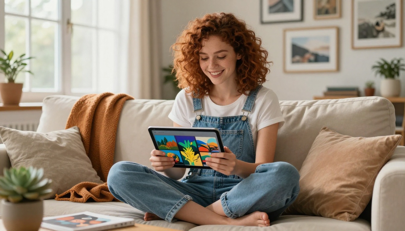 Young woman on a cream sofa smiling while browsing AI-generated art on her iPad