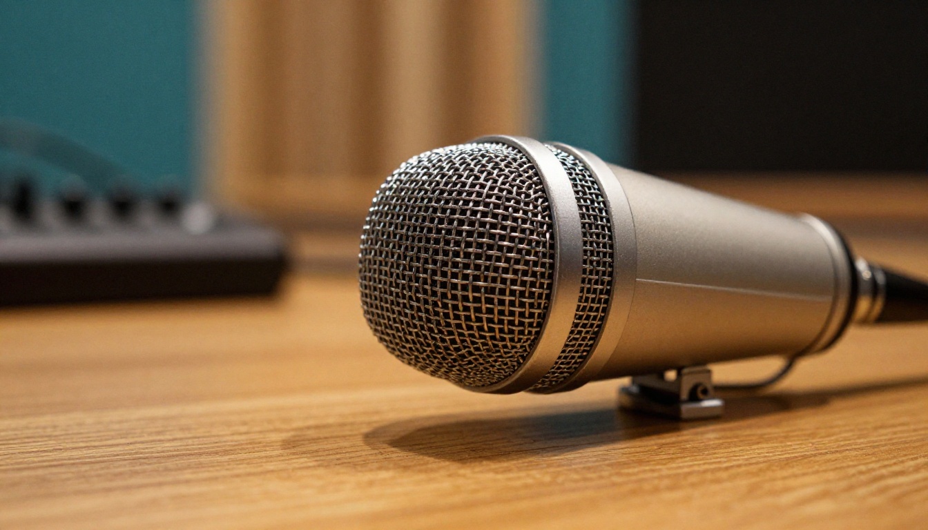 Close-up of a large-diaphragm condenser microphone in a professional recording studio Close-up of a large-diaphragm condenser microphone in a professional recording studio