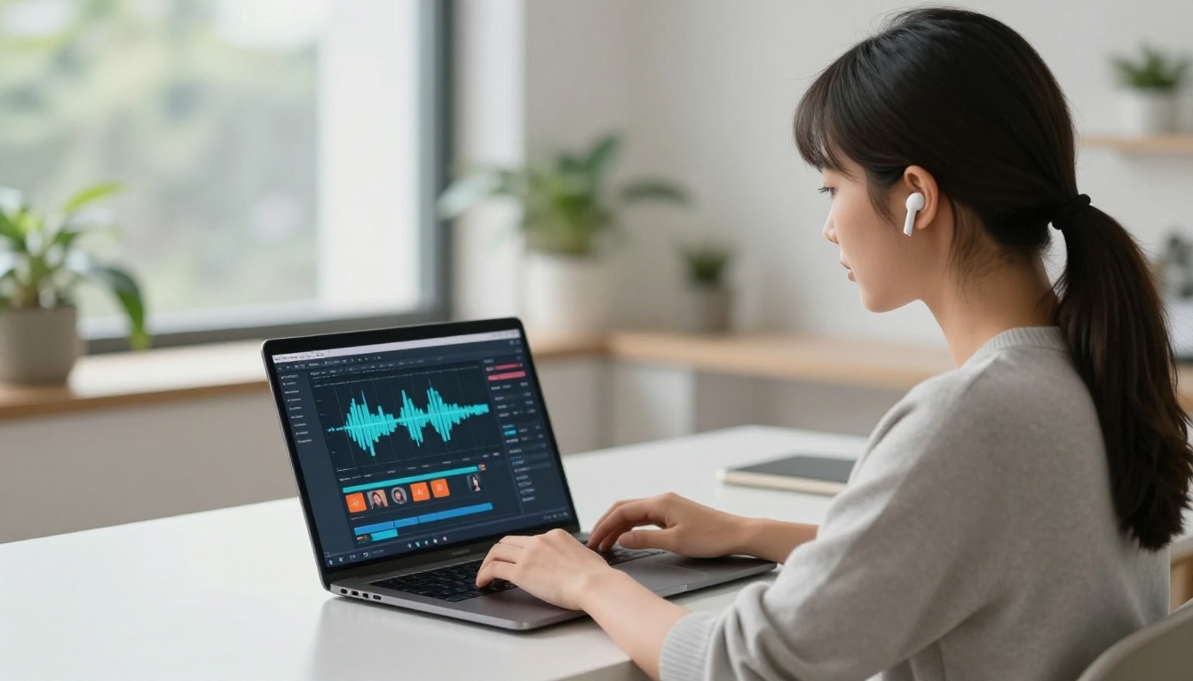 Young woman at a laptop selecting voice options in a text-to-speech interface with a dark UI and colorful voice sidebar