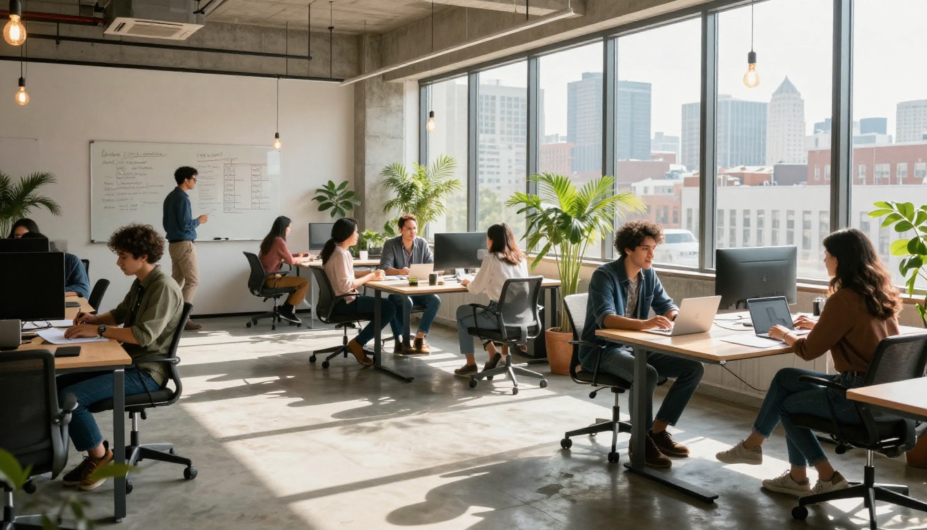Modern startup office team reviewing AI pricing at shared standing desk Modern startup office team reviewing AI pricing at shared standing desk