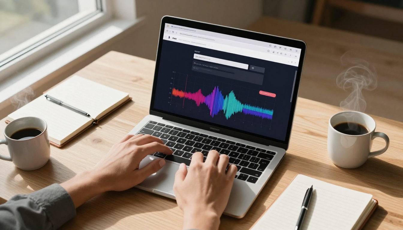 Hands typing an AI music generation prompt on a laptop at a clean oak desk