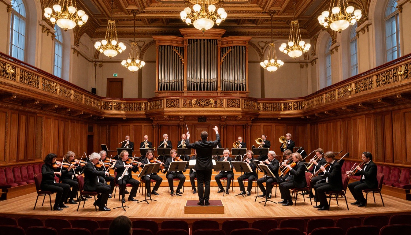 A grand classical orchestra rehearsing in a stunning concert hall