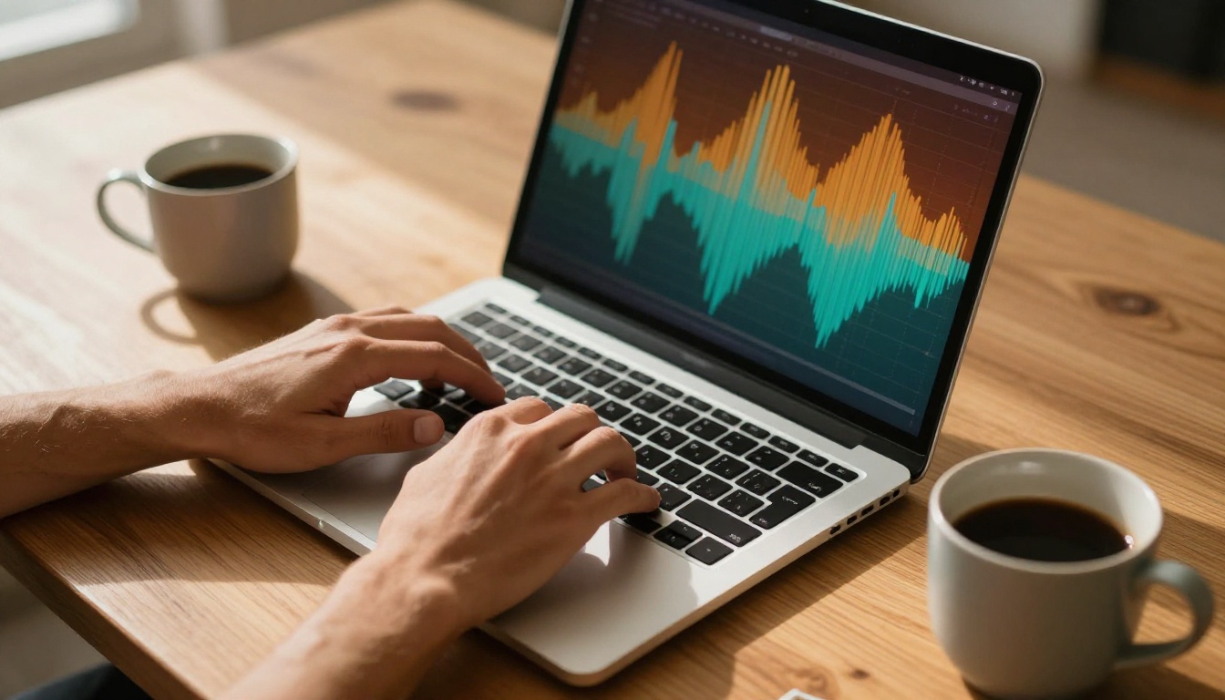 Content creator typing on a laptop with colorful audio waveform visualization reflecting on the screen Content creator typing on a laptop with colorful audio waveform visualization reflecting on the screen