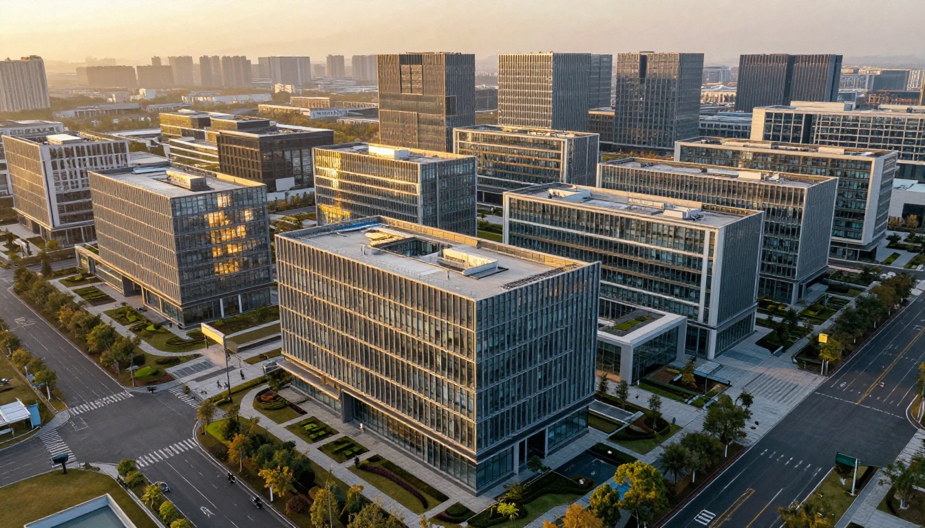 Modern tech campus aerial view at golden hour with glass buildings and gardens Modern tech campus aerial view at golden hour with glass buildings and gardens