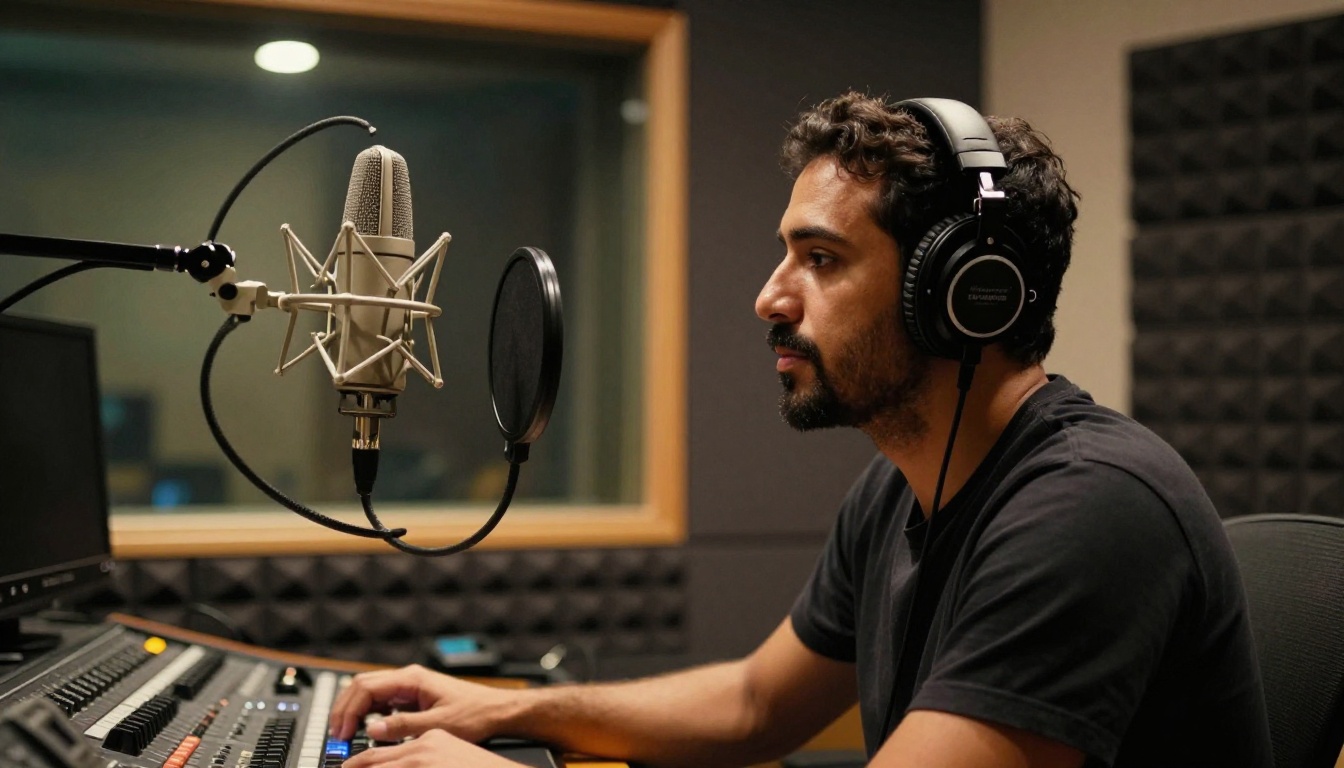 Professional voice actor inside a broadcast recording booth wearing headphones and speaking into a condenser microphone Professional voice actor inside a broadcast recording booth wearing headphones and speaking into a condenser microphone