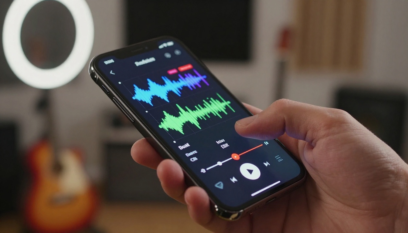 Close-up of a smartphone screen displaying AI music waveforms and playback controls
