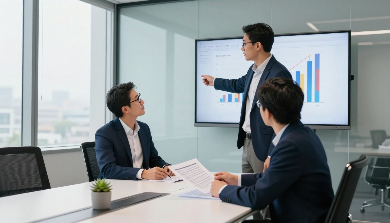 Business professionals in glass meeting room reviewing AI market data on screen
