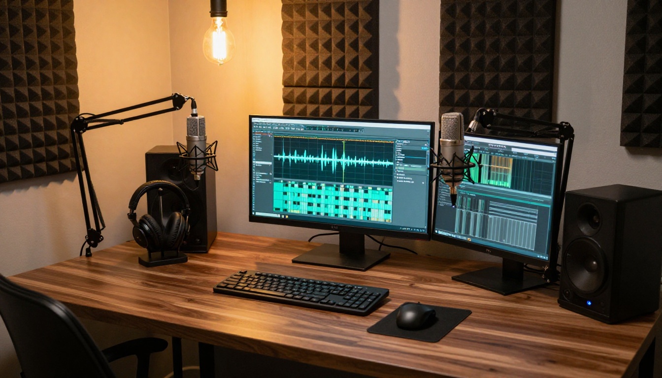 Modern dual-microphone podcast studio setup with warm Edison bulb lighting and audio editing software on dual monitors Modern dual-microphone podcast studio setup with warm Edison bulb lighting and audio editing software on dual monitors
