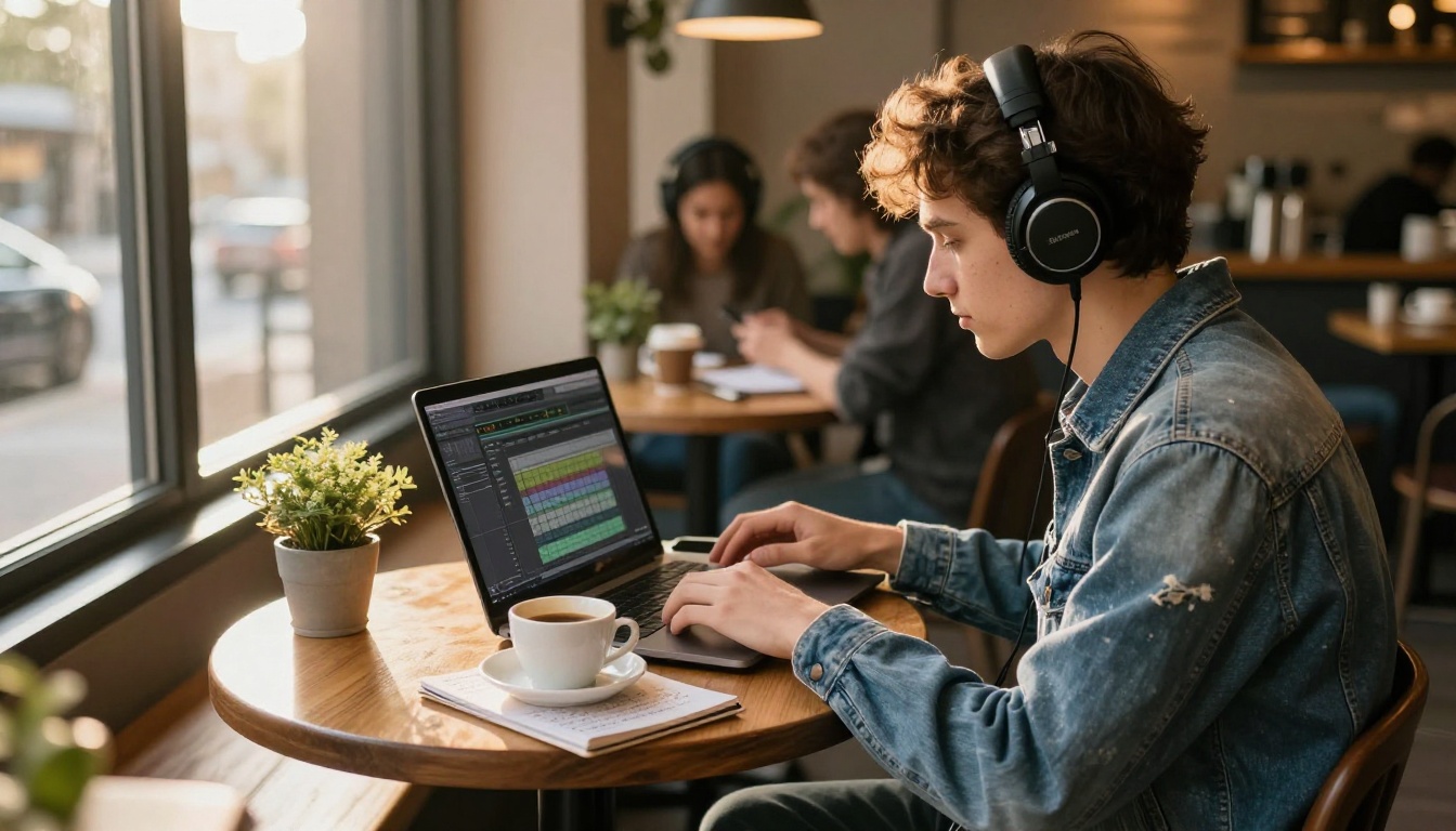 Young content creator wearing headphones at a laptop in a cozy coffee shop