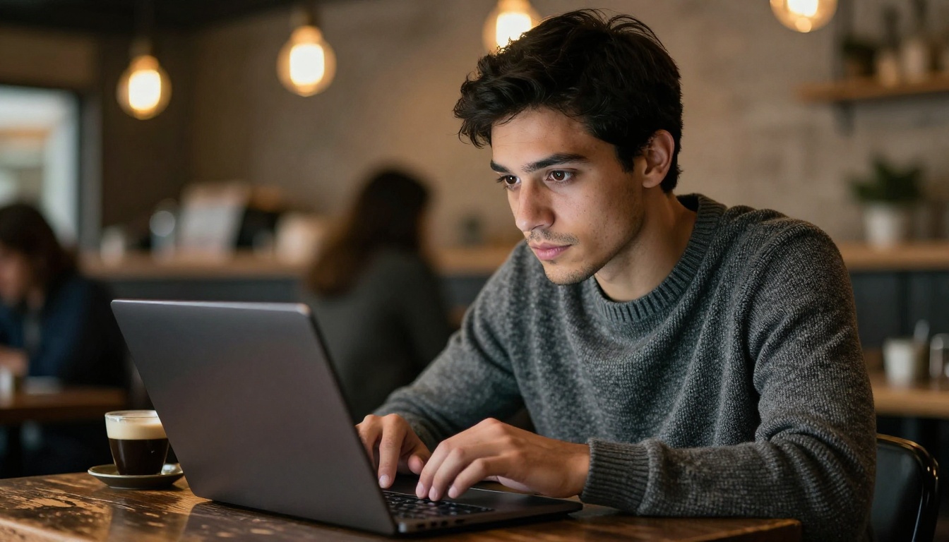 Young man at a café table looking intently at his laptop screen, soft Edison bulb light behind him