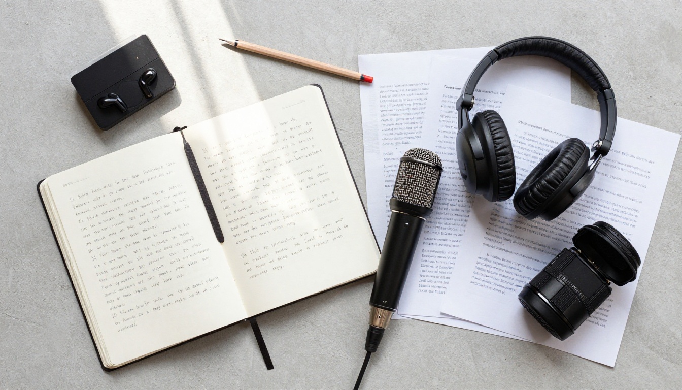 Overhead flat-lay of a voice recording workspace with microphone, headphones, printed script pages, and a USB audio interface on a concrete desk Overhead flat-lay of a voice recording workspace with microphone, headphones, printed script pages, and a USB audio interface on a concrete desk