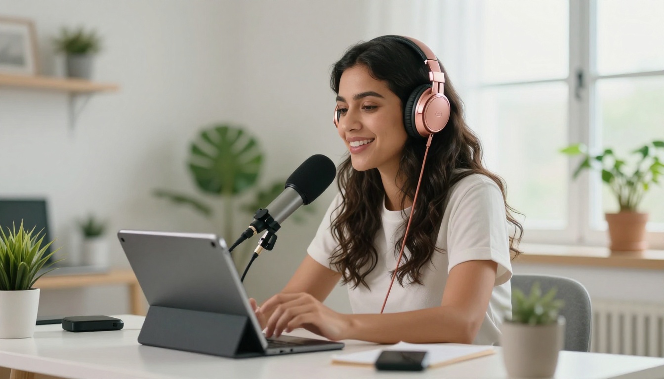 Latina woman recording voiceover from a tablet script at a bright home office standing desk, smiling naturally