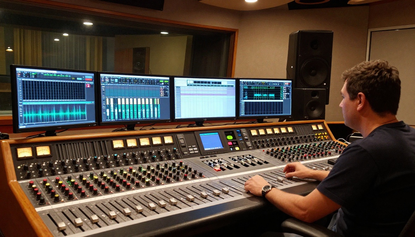 A professional audio engineer at a large mixing console in a recording studio control room
